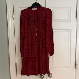 LOFT Red Checkered Long Sleeve Dress